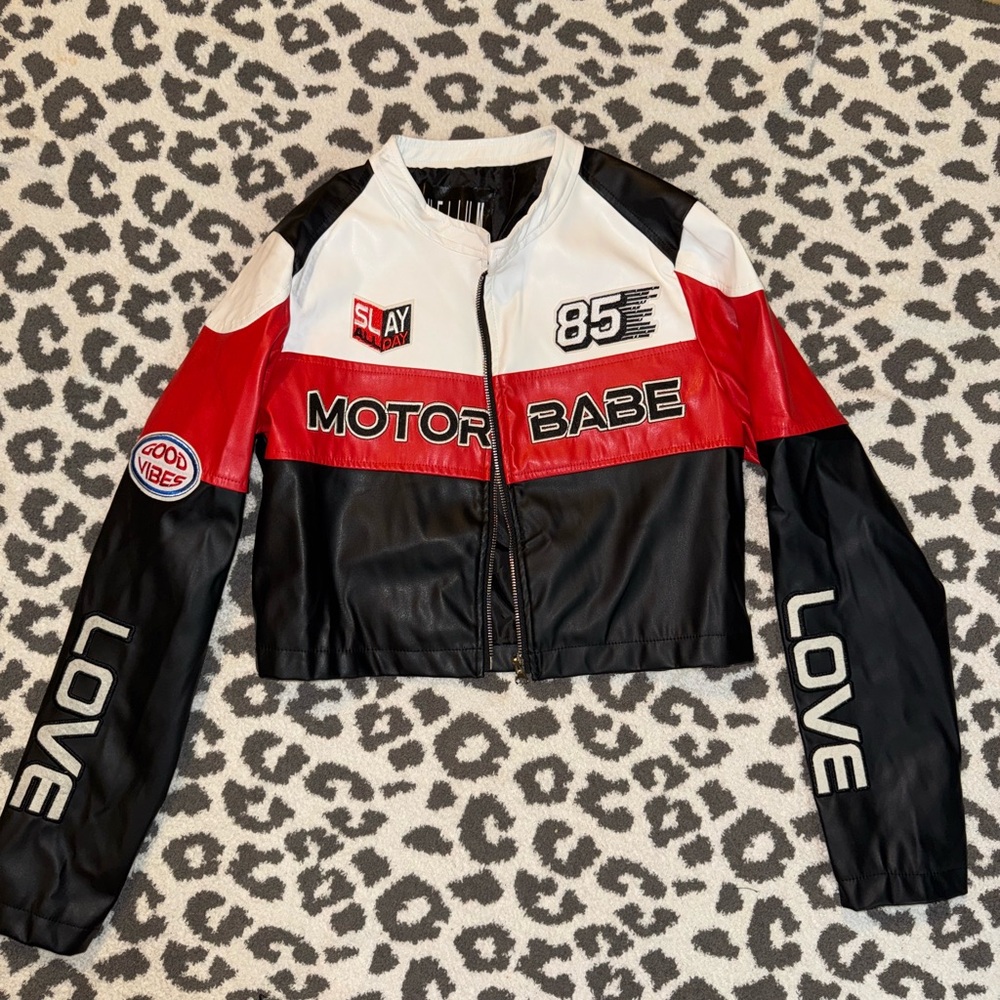 Motor Babe Women's Leather Jacket in Black, Red, and White